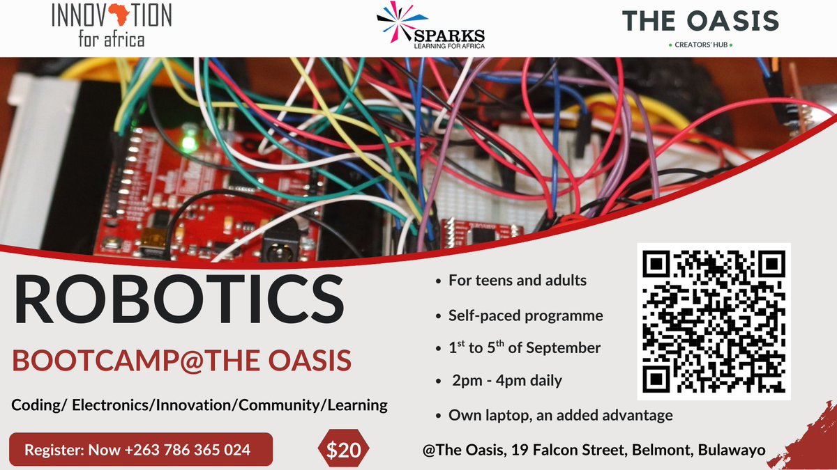 Get ready to build the future!  Our Robotics Bootcamp is back at The Oasis. Build the future from Sept 1-5, 2-4 PM daily for just $20.

Register today and don't miss out—we've got the bots, you bring the brains!
@ innov4africa
#Coding #Electronics #Innovation #Community #Learning