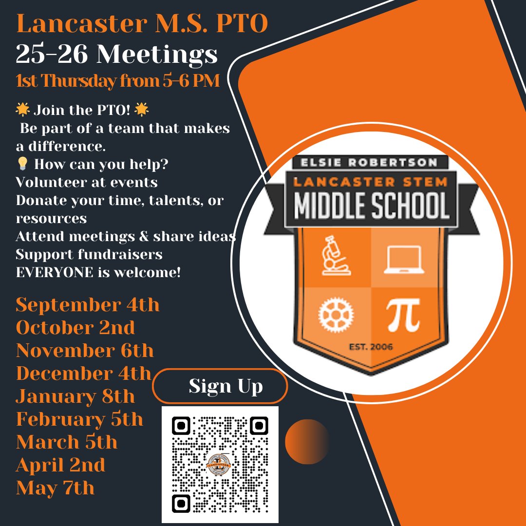 ERLancasterMS's tweet photo. 📣 LMS Families, join our PTO this year! Stay connected, have a voice, and help create memorable experiences for our students! Every bit of involvement matters—together, we can achieve great things! 🧡🖤🐾 #TigerPride #LMSPTO https://t.co/iFQIJv69ww