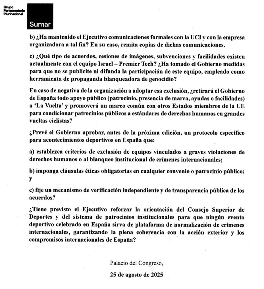 Enrique Santiago (@enriquesantiago) on Twitter photo 🚴🏻♂️ La Vuelta ciclista a España no puede utilizarse para blanquear el genocidio y la limpieza étnica masiva perpetrada por Israel ante la cómplice pasividad de la comunidad internacional.
<a href="/IzquierdaUnida/">Izquierda Unida🔻🇵🇸</a> hemos pedido al Gobierno que evite la participación del equipo de Israel. 🚴🏻♂️ La Vuelta ciclista a España no puede utilizarse para blanquear el genocidio y la limpieza étnica masiva perpetrada por Israel ante la cómplice pasividad de la comunidad internacional.
<a href="/IzquierdaUnida/">Izquierda Unida🔻🇵🇸</a> hemos pedido al Gobierno que evite la participación del equipo de Israel.