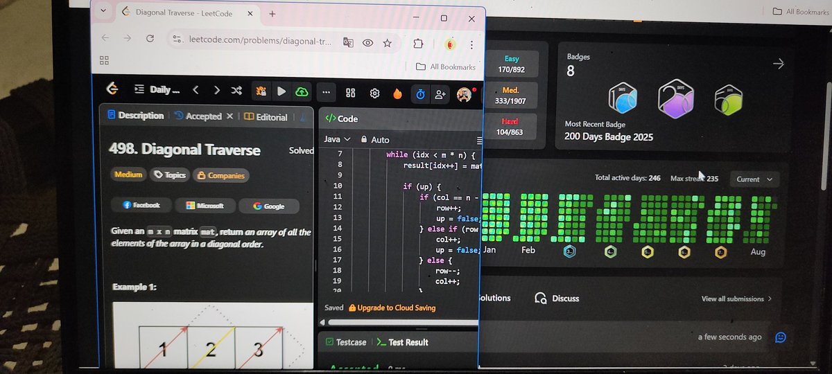 raj_SDE1_FAANG's tweet image. Day 235/360(streak break ๐) of DSA challenge ๐งโ๐ป. Today I solved 1 DSA Questions on
@LeetCode
1). Diagonal Traverse
#DSA #LeetCode #datastructures #LeetCode #FAANG