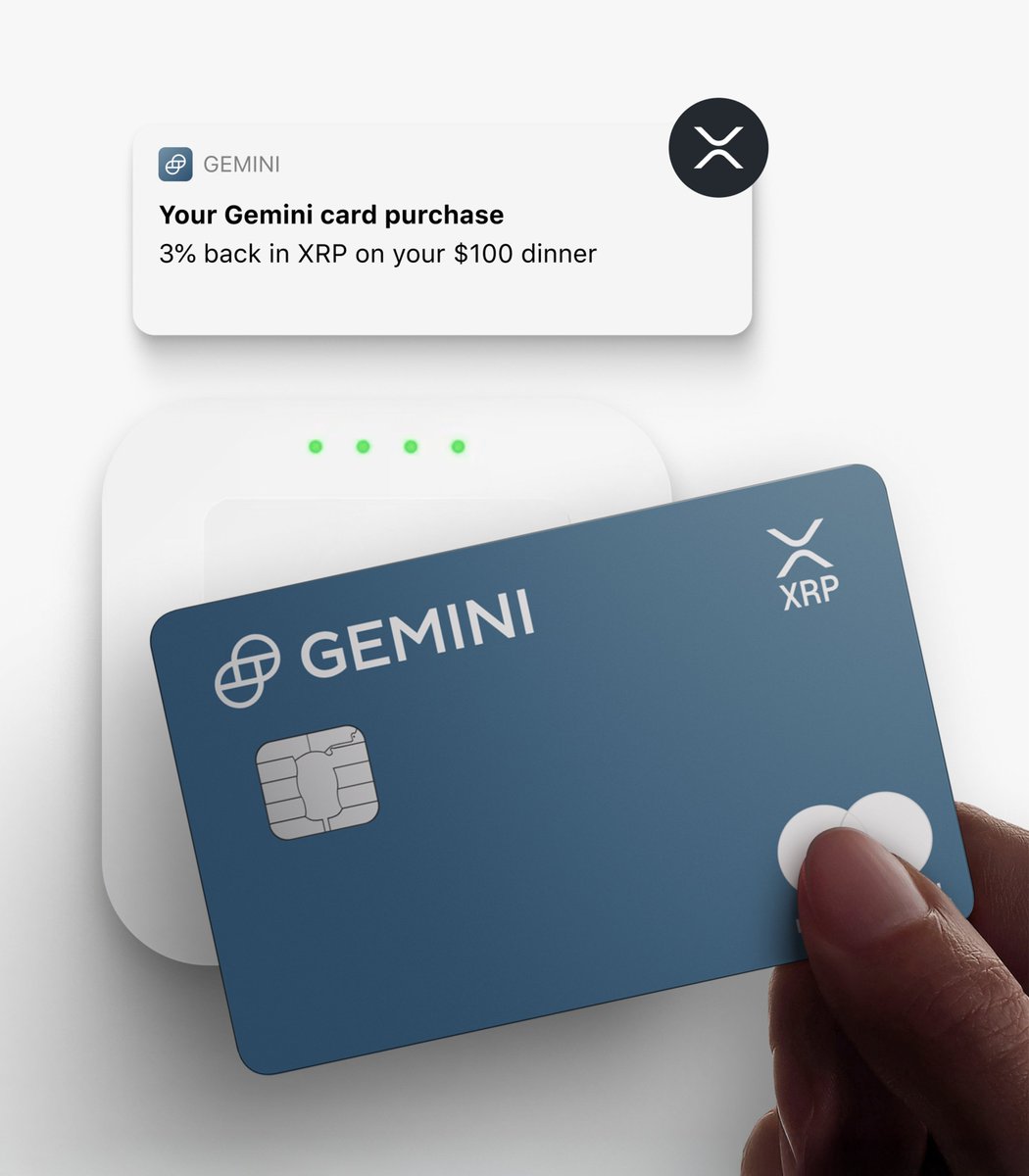 🚨 JUST IN: Gemini launches the Gemini Credit Card – $XRP Edition in partnership with #Ripple.

Pay with $, earn eXtra Rewards back on your Purchases:

→ 🚗 4% XRP on gas, charging and rideshare
→ 🍽️ 3% XRP on dining
→ 🛒 2% XRP on groceries
→ 📶 1% XRP on everything else