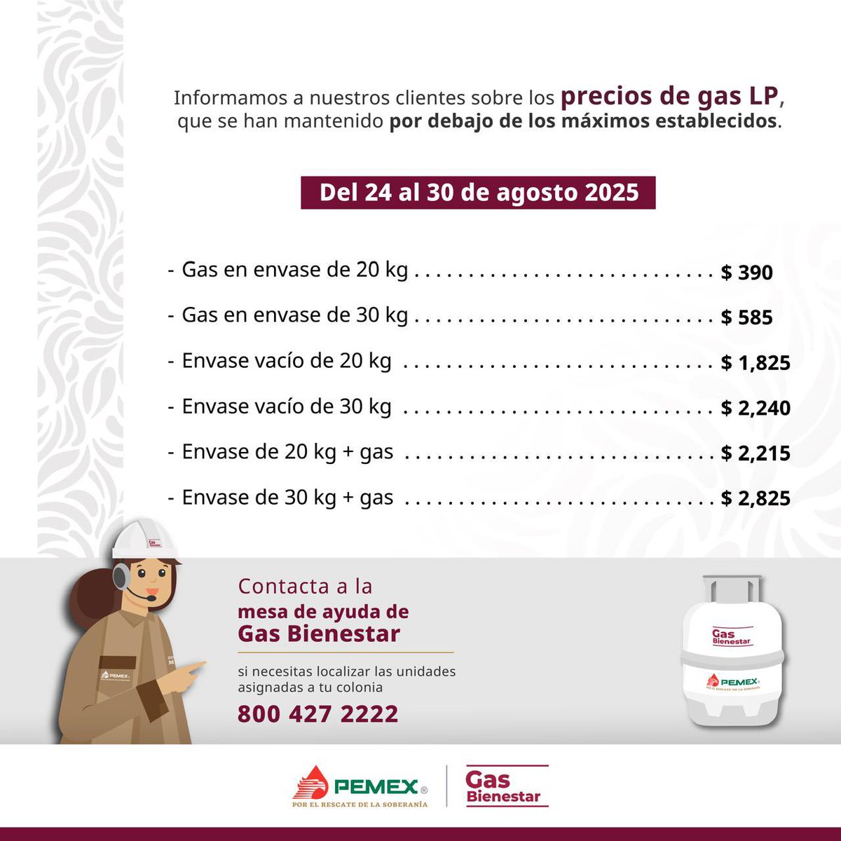 Precios de #GasBienestar vigentes en la Ciudad de México del 24 al 30 de agosto 2025