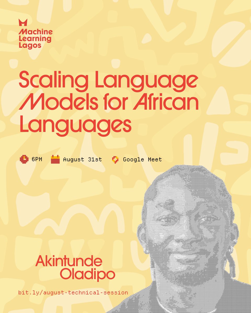 mlinlagos's tweet photo. π’ August Technical Session!
Topic: Scaling Language Models for African LanguagesποΈ Speaker: Akintunde Oladipo
ποΈ Aug 31 | π 6 PM WAT
π Register: https://t.co/lfjxjH36bK
Learn how to scale LLMs for African languages & tackle data scarcity challenges.
#MLLagos #NLP #AI https://t.co/t6zu2kRYyq