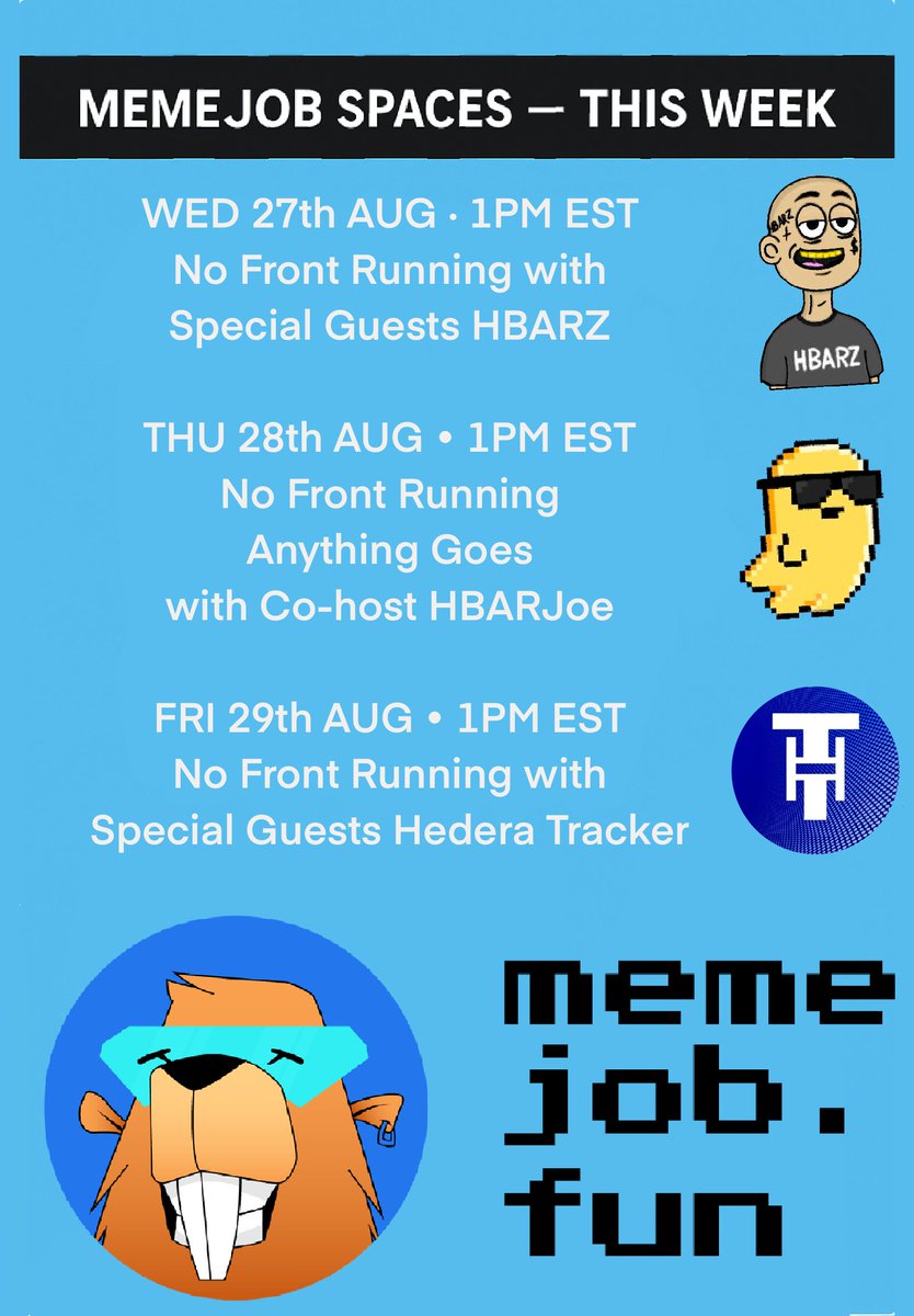 No Front Running Spaces schedule 

This week we welcome <a href="/WhalerBags/">Whaler Bags</a> to discuss $HBARZ x.com/i/spaces/1gqxv…

Regular Co-host <a href="/JoeHamacher/">Hbarjoe</a> returns chatting all things HBAR x.com/i/spaces/1vAxR…

We will also be joined by recently bonded Hedera Tracker x.com/i/spaces/1nAKE…