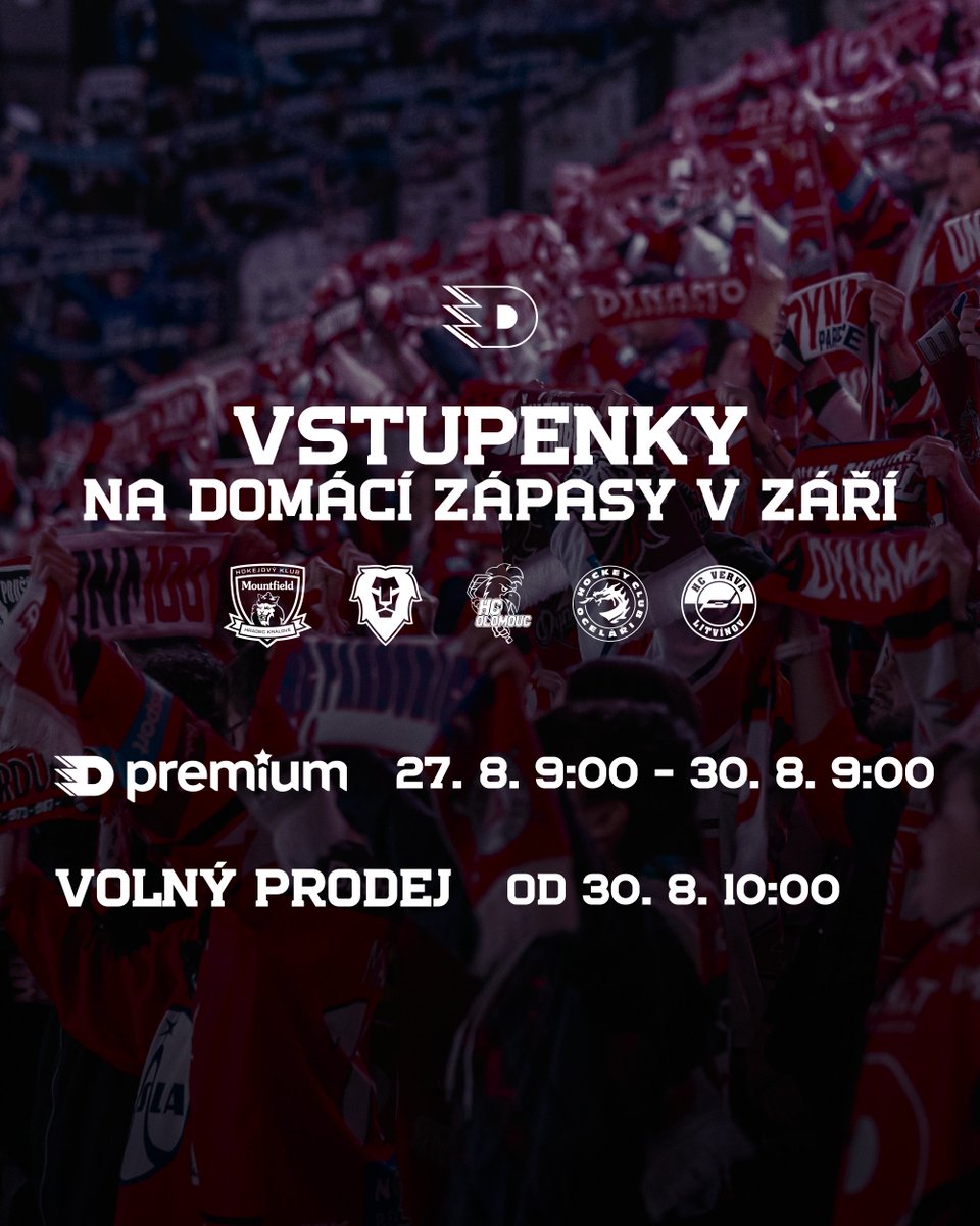 Ve středu startuje prodej vstupenek na prvních pět domácích zápasů! 🏟

Přednostně mohou vstupenky nakoupit předplatitelé 𝗗𝘆𝗻𝗮𝗺𝗼 𝗣𝗿𝗲𝗺𝗶𝘂𝗺, a to od středy 27. srpna 9:00 během prvních 72 hodin od spuštění prodeje. Následovat bude technická odstávka a v sobotu 30. srpna