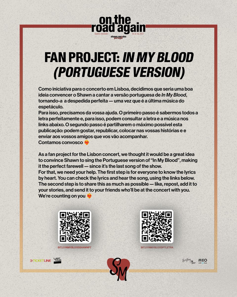 We’d love to hear the 🇵🇹 version of “In My Blood” live in Lisbon this Thursday! Let’s make it happen together ❤️

Vamos convencer o Shawn a cantar a versão portuguesa de “In My Blood” esta quinta-feira! ❤️🇵🇹

#OnTheRoadAgainLisbon #ShawnOnTheRoadAgain <a href="/ShawnMendes/">Shawn Mendes</a> <a href="/ShawnAccess/">ShawnAccess</a>