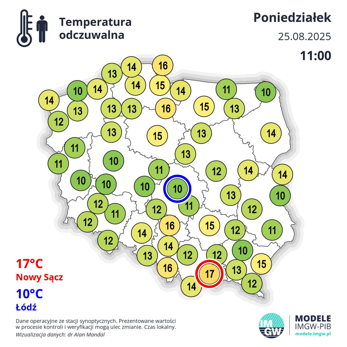 Temperatura powietrza i odczuwalna o godzinie 11:00.