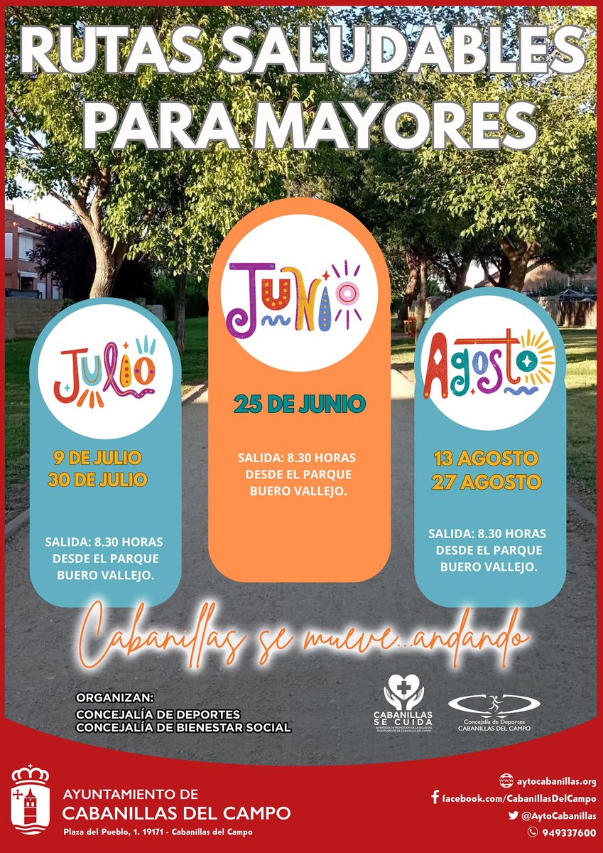 📌 ÚLTIMO PASEO SALUDABLE PARA MAYORES DEL VERANO

🚶 Último paseo del ciclo "Rutas saludables para mayores" del verano
📅 Miérc. 27 AGO
🕣 8:30 h
🌳 Parque B, Vallejo
🖊 Inscripciones: Centro Mayores o Centro Fitness
#CabanillasSeMueve
#CabanillasSeCuida

aytocabanillas.org/eventos/paseo-…