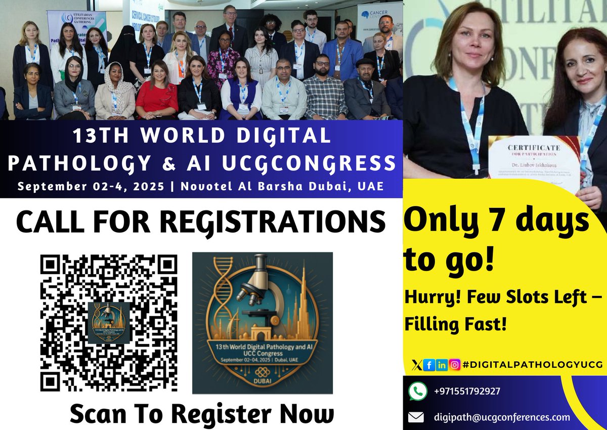 7 Days to Go!  13th World Digital Pathology &amp; AI UCGCongress in Dubai, UAE from Sept 2-4, 2025

Register
…lpathology.utilitarianconferences.com/discounted-reg…
Contact wa.me/+971551792927
#AmericanPathologist #PathologistsOfInstagram 
#CanadianPathology #IndianPathologyExperts #IndianPathology