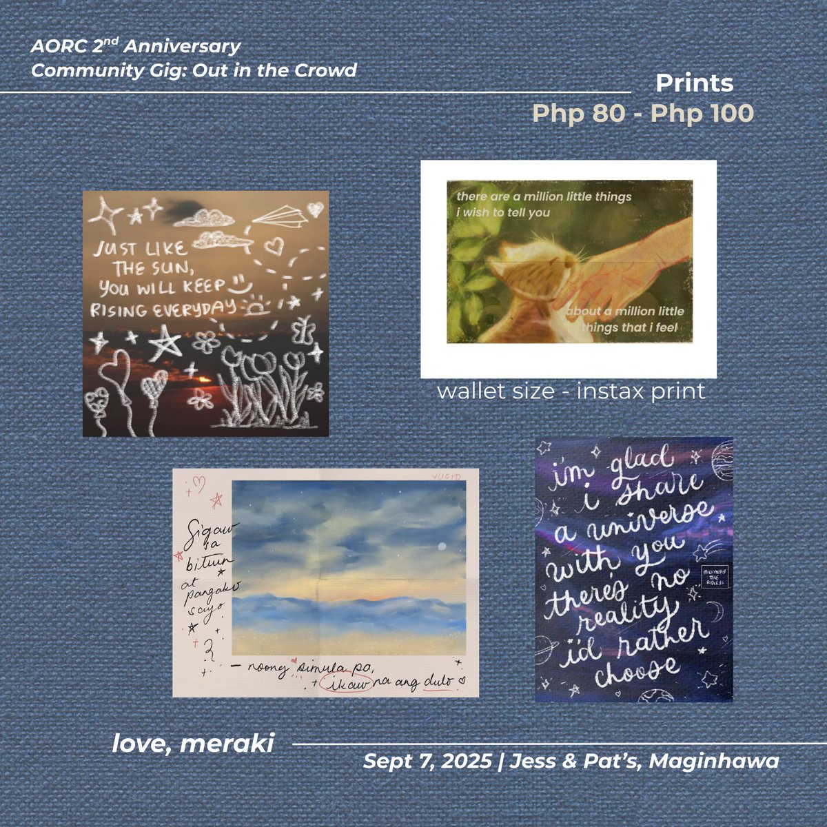 We've not only invited bands... we've got awesome merchants too! 🎨 

If you're a fan of all things cute, endearing, and heartfelt, be sure to catch @lovemeraki__ and her works on September 7, 2025! 

See you there! ✨🤩

#AORCommuniTWO