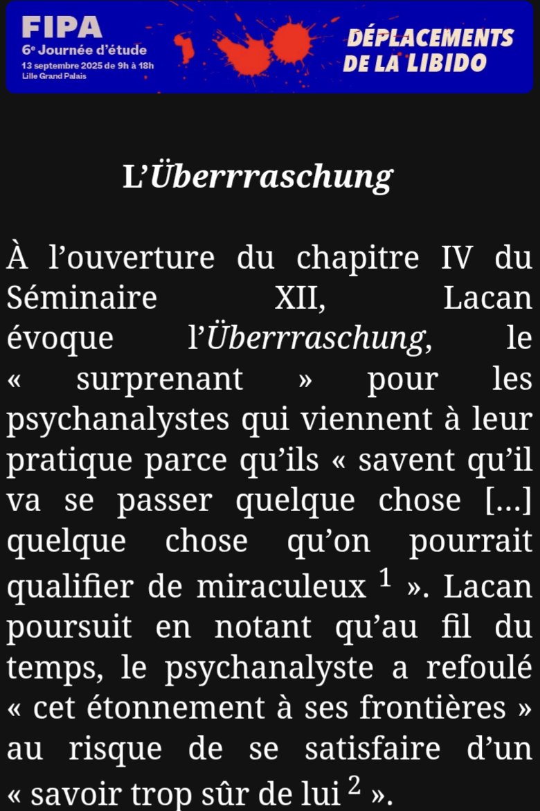 𝗙𝗜𝗣𝗔  
𝗗é𝗽𝗹𝗮𝗰𝗲𝗺𝗲𝗻𝘁𝘀 𝗱𝗲  𝗹𝗮 𝗹𝗶𝗯𝗶𝗱𝗼.
𝚅𝚊𝚛𝚒𝚊𝚝𝚒𝚘𝚗#𝟷 
𝚙𝚊𝚛 𝙰𝚛𝚒𝚊𝚗𝚎 𝙲𝚑𝚘𝚝𝚝𝚒𝚗
𝐋’Ü𝙗𝙚𝙧𝙧𝙧𝙖𝙨𝙘𝙝𝙪𝙣𝙜

Lire le texte⬇️ 
fipa.causefreudienne.org

S'inscrire à la journée ⬇️
events.causefreudienne.org/homepage/234-1…