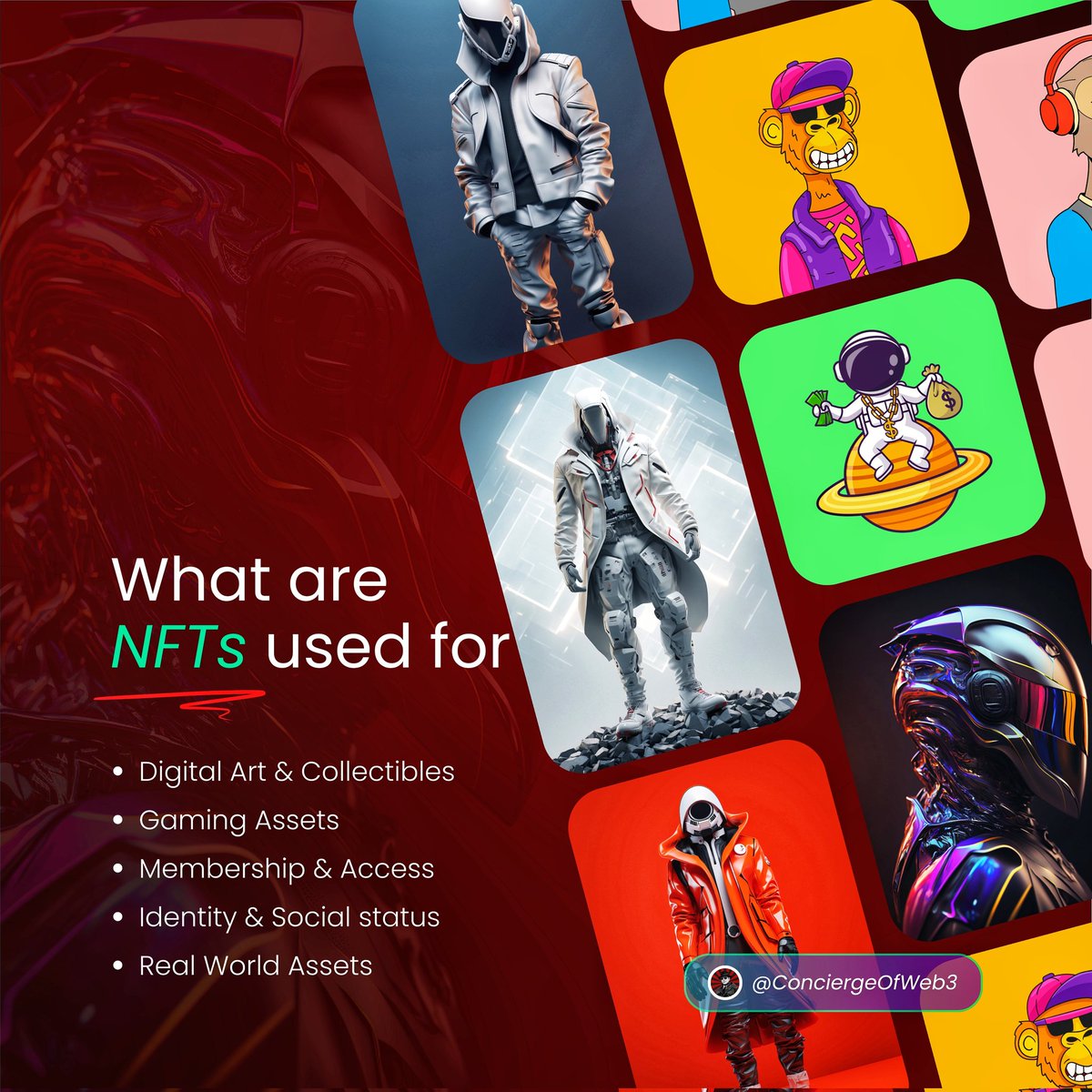 ConciergeOfWeb3's tweet image. Day 6 of the #30daysweb3designchallenge focused on exploring the various use cases of NFTs.

In this design, I aimed to provide a clear and engaging overview of several popular NFTs, highlighting their unique applications and significance in the digital landscape.