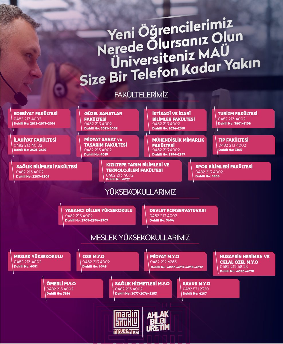 📞 Mardin Artuklu Üniversitesi size bir telefon kadar yakın!

Sorularınız, merak ettikleriniz ya da öğrenmek istediğiniz her şey için tek yapmanız gereken bağlı olduğunuz Fakülte, Yüksekokul veya Meslek Yüksekokulu’nun numarasını çevirmek.

Biz buradayız, sizleri bekliyoruz.