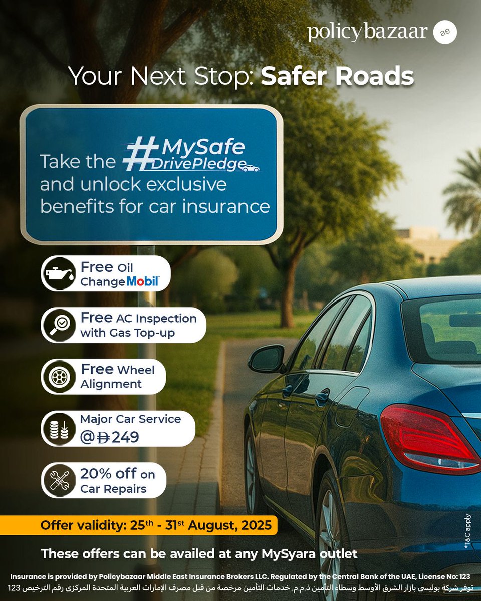 PolicybazaarUAE's tweet image. Every journey has a destination, but the safest ones begin with the right choices. 🚦 

This #AccidentFreeDay, take the #MySafeDrivePledge with Policybazaar.ae and make safety your constant stop on every road.

Explore now on -  policybazaar.ae/car-insurance/…

#PolicybazaarUAE