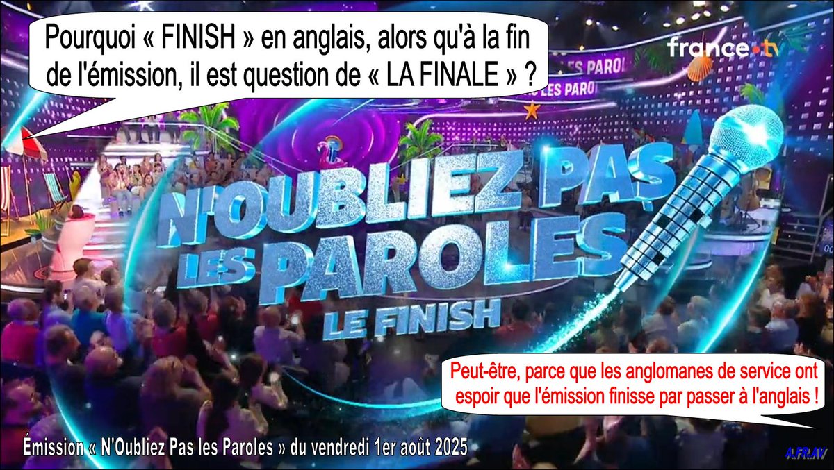 Que vient faire ici le mot anglais "finish", alors qu'il est question de "finale" à la fin de l'émission ? 
CC : <a href="/Nagui/">Nagui</a> #noplp <a href="/NOPLPoff/">NOPLP Officiel</a> <a href="/MagaliRipoll/">Magali Ripoll</a>  #NoubliezPasLesParoles #finale #France2 <a href="/languesFR/">Ministère-DGLFLF</a>
#JeBalanceLesAngliciseurs #LoiToubon #info #Médias #JeuxTV #Nagui #LaFinale