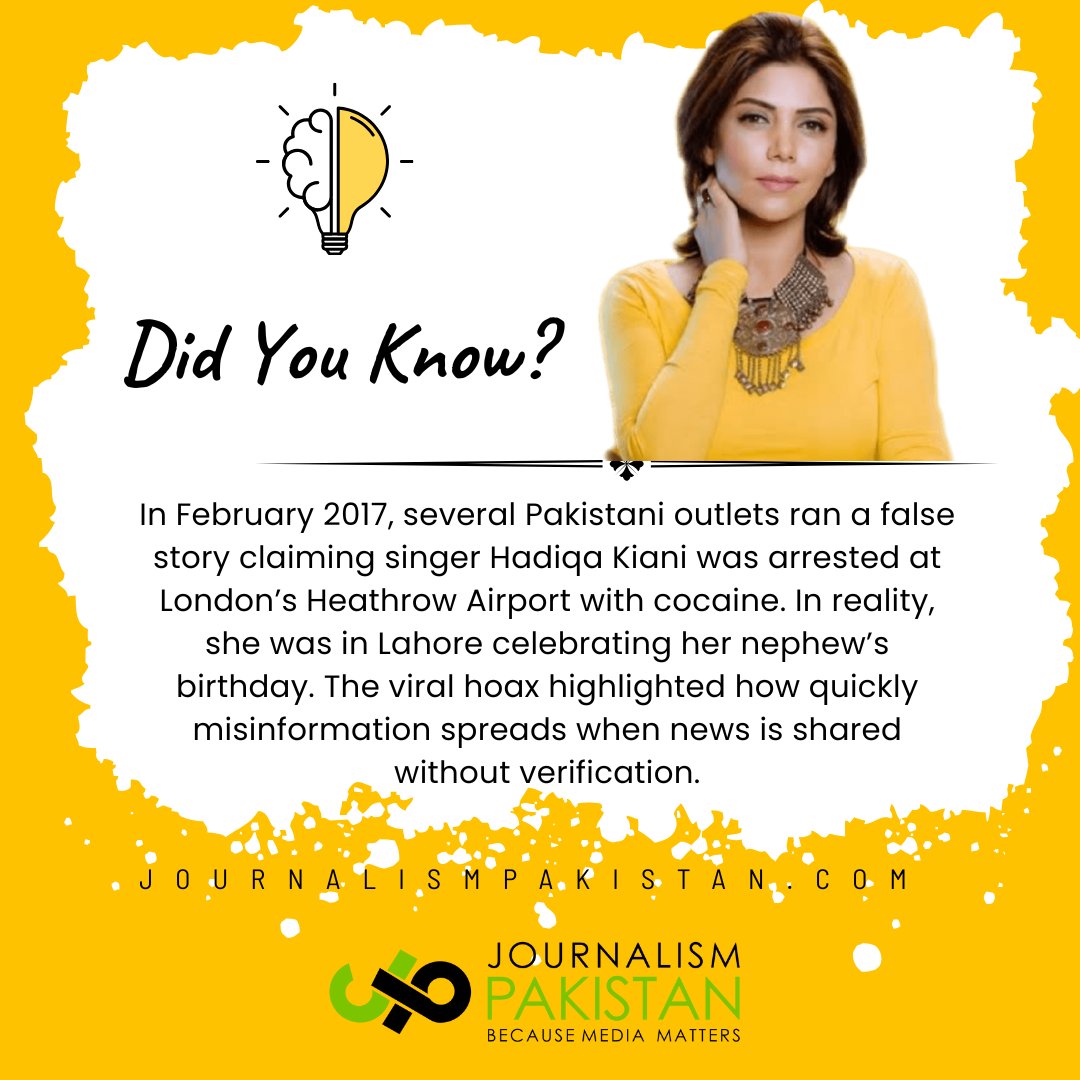 JournalismPk's tweet image. In February 2017, fake news about Hadiqa Kiani’s “arrest” at Heathrow went viral while she was in Lahore. A case study in misinformation.
#FakeNews #HadiqaKiani #December2016 #Journalism

journalismpakistan.com/Hadiqa-Kianis-…