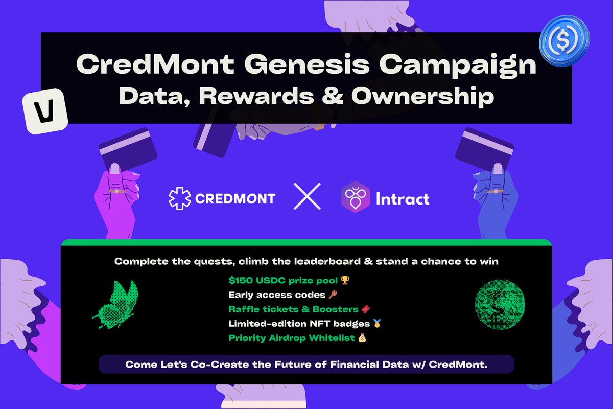 📢 CredMont x <a href="/IntractQuests/">Intract Quests</a> 🤝

This is your chance to co-create the future of financial data with us 💙

&gt; Complete the Quest ✳️
&gt; Climb the leaderboard 📈
&gt; Win Rewards💰 

$150 USDC up for grabs + some inCREDible perks and benefits.

Intract Now 🔗 quest.intract.io/quest/68a437f7…