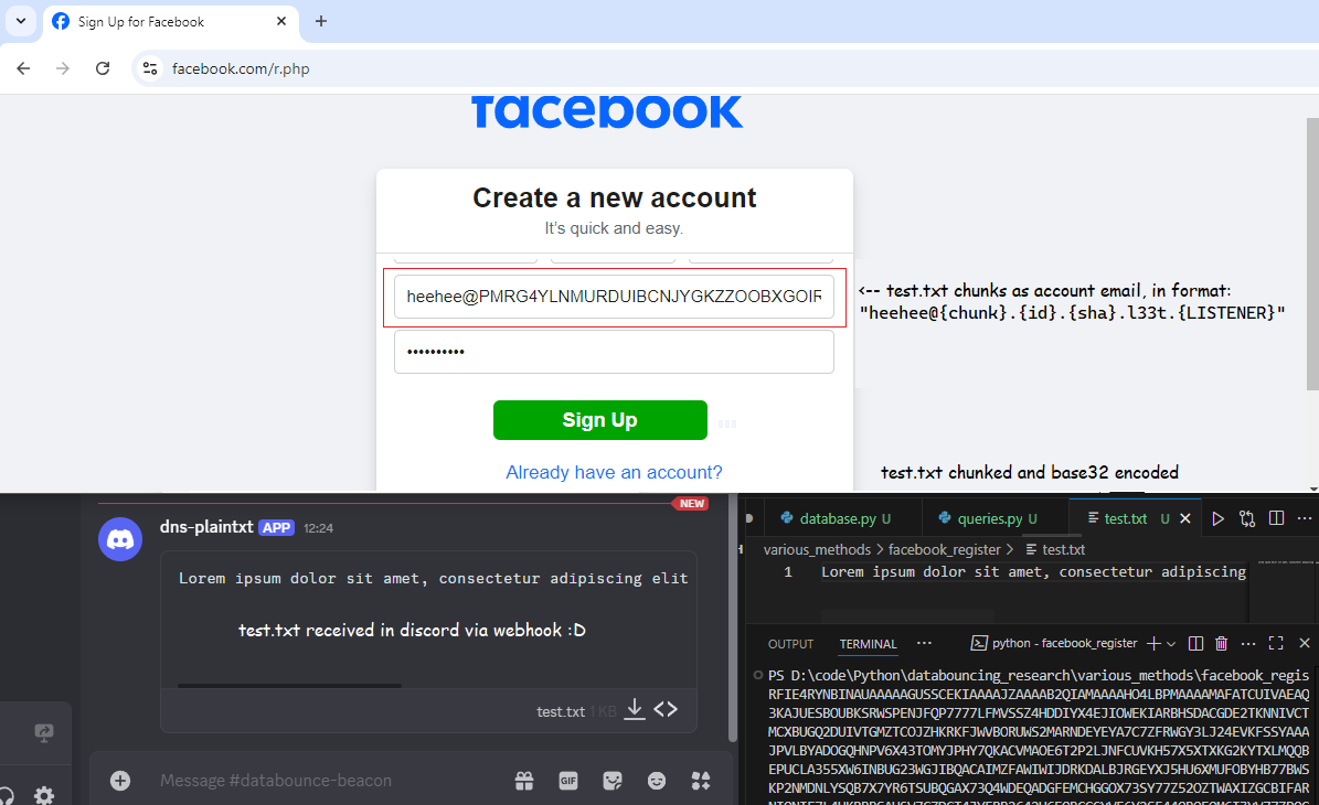 Vsimpro's tweet photo. Been building on this idea https://t.co/9g4UmKZZeS
Using signup forms for databounce/data exfil

Got the POC working: Playwright automation to register emails, triggers DNS lookups -> my listener catches + send the file to a Discord webhook.

data-exfil using facebook reg :D! https://t.co/33nac9VLuB