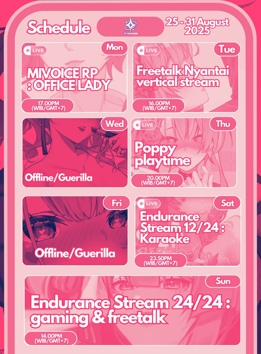 #ahoshi

🌹Schedule 25 - 31 August 2025!

Moderator baru akan di announce di jam 8 malam di server ahodistrict ya! 

✧General: #Ahomika
✧Fanart:  #AhoMikarts
✧NSFW: #Yabai_Aho
✧Clips: #AhoMika_Clips

Discord server : dsc.gg/ahomika