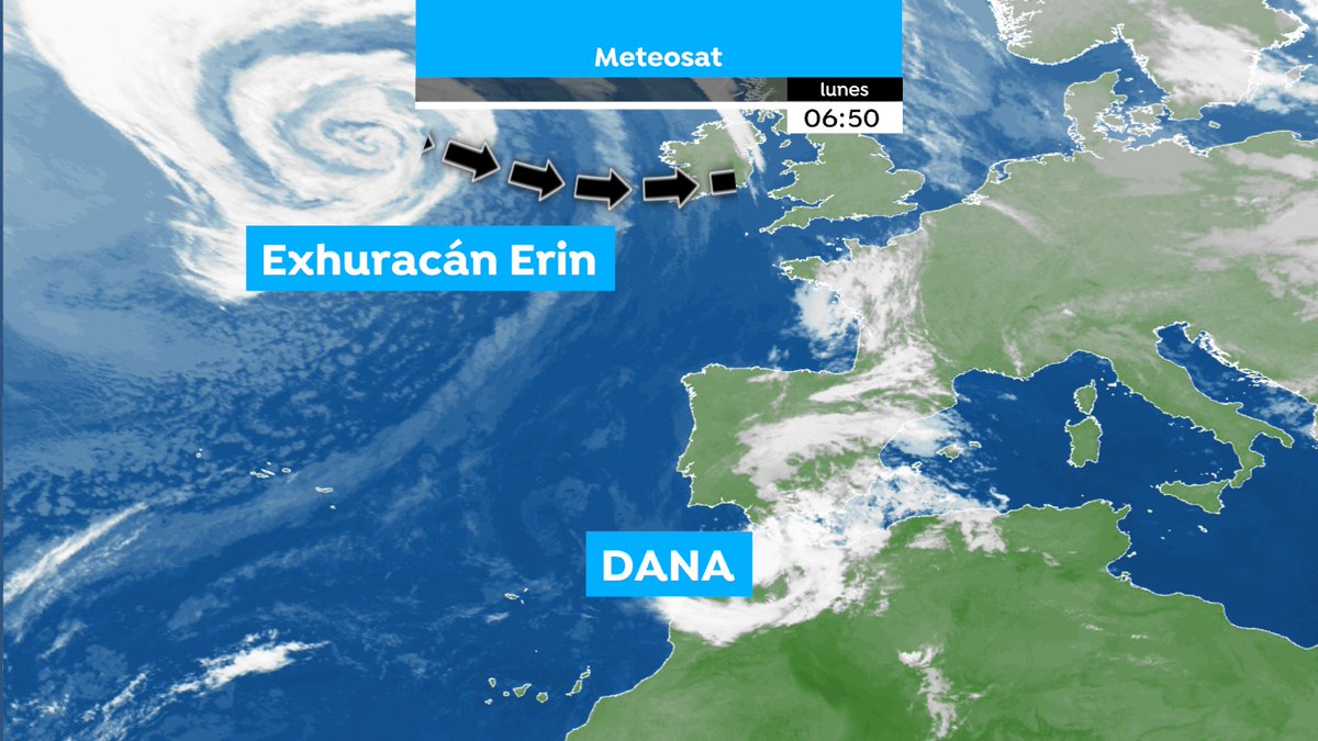 Imagen para el recuerdo.   Los restos del Huracán Erin junto a una pequeña, fugaz y poco activa DANA que trae algunas tormentas al este. Satélite Meteosat hoy lunes 25 de agosto.