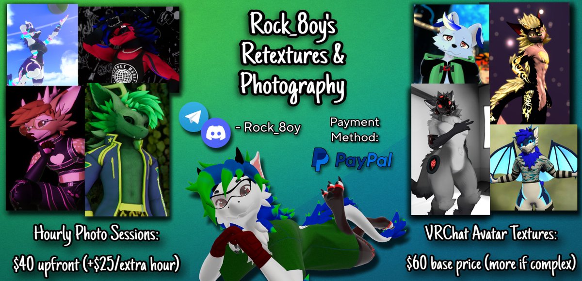 Rock_8oy's tweet photo. Sheet Update!!

Retextures can be done for mutually owned avatars and assets. A full list of models can be provided upon request.

I'm also officially starting to advertise my own photography!

Thanks everyone as always for your continued support! 💚💙

Open until further notice! https://t.co/AXrPByhqjM