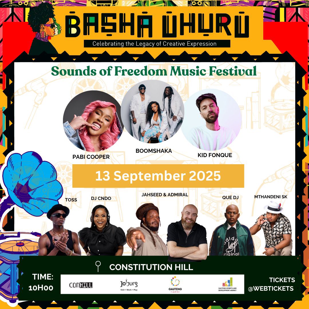 Excited to be joining this incredible <a href="/BashaUhuru/">Basha Uhuru</a> lineup of Sounds of Freedom ✊🏽

Catch me live with my talented band 🎹 <a href="/s/">『S』</a>.que_ (Keys &amp; Synth Bass) 🎺 @nu_bam1 (Trumpet) 🎷 @toroh_o_wano (Saxophone) by purchasing your tickets today!

🗓️ 13 September 2025
🎟️ R200 - R400