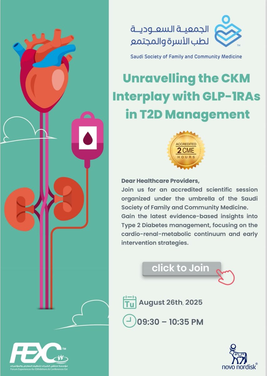 jpfmabha's tweet photo. Registration of
 
Unravelling the CKM interplay with GLP-1RAs in T2D management
Organized by FEXC
under the umbrella of the SSFCM
Sponsored by Novo Nordisk

🗓Tuesday, August 26, 2025
⏰️ 09:30-10:35pm
📜 Accredited Certificate
🌐 Online On Zoom
📄 2 CME HOURS https://t.co/DZkv0AS6dZ