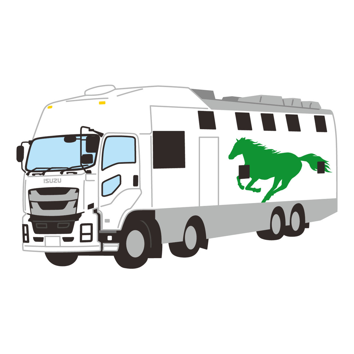 #本日の商用車
◆馬運車
競走馬などを運ぶ車で、一度に4頭の馬を乗せることができます。
タイヤと車体をつなぐ部分にエアサスペンションという空気のクッションがついていて、地面のでこぼこから伝つたわる揺れをやわらげます。そのため、馬が安心して乗ることができるのです。
#いすゞタウン