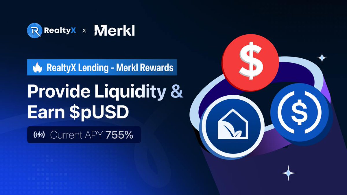 RealtyX DAO 🏙 RWA (@realtyx_dao) on Twitter photo RealtyX Lending Pool just dropped on <a href="/plumenetwork/">Plume - RWAfi Chain</a>! 🔥
💧 Supply $pUSD in our Utility Vault
💰 Earn double $ incentives (LP rewards + Merkl boost)
📈 Up to 755% Dynamic APR
Early LPs secure the bigger share.
Start here 👇
app.merkl.xyz/opportunities/… RealtyX Lending Pool just dropped on <a href="/plumenetwork/">Plume - RWAfi Chain</a>! 🔥
💧 Supply $pUSD in our Utility Vault
💰 Earn double $ incentives (LP rewards + Merkl boost)
📈 Up to 755% Dynamic APR
Early LPs secure the bigger share.
Start here 👇
app.merkl.xyz/opportunities/…