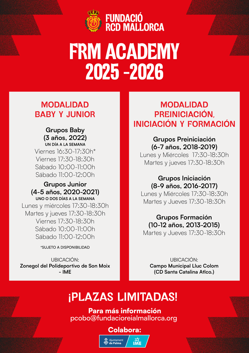 ‼️⚽️ Obertes noves places per a la 𝐅𝐑𝐌 𝐀𝐜𝐚𝐝𝐞𝐦𝐲 𝟐𝟓/𝟐𝟔!

ℹ️ Tens tota la informació al cartell

📩 També pots contactar amb pcobo@fundacioreialmallorca.org

❤️🖤