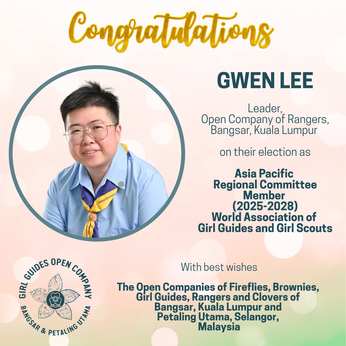 PUBangsarGGOC's tweet photo. Congratulations, Gwen, our beloved leader of the Open Company of Rangers, Bangsar, Kuala Lumpur on being elected to the Asia Pacific Regional Committee 2025-2028 @WAGGGSAsiaPac @wagggsworld  ! We look forward to your leadership and bringing more international experiences to us. https://t.co/VrwqYIRJ85