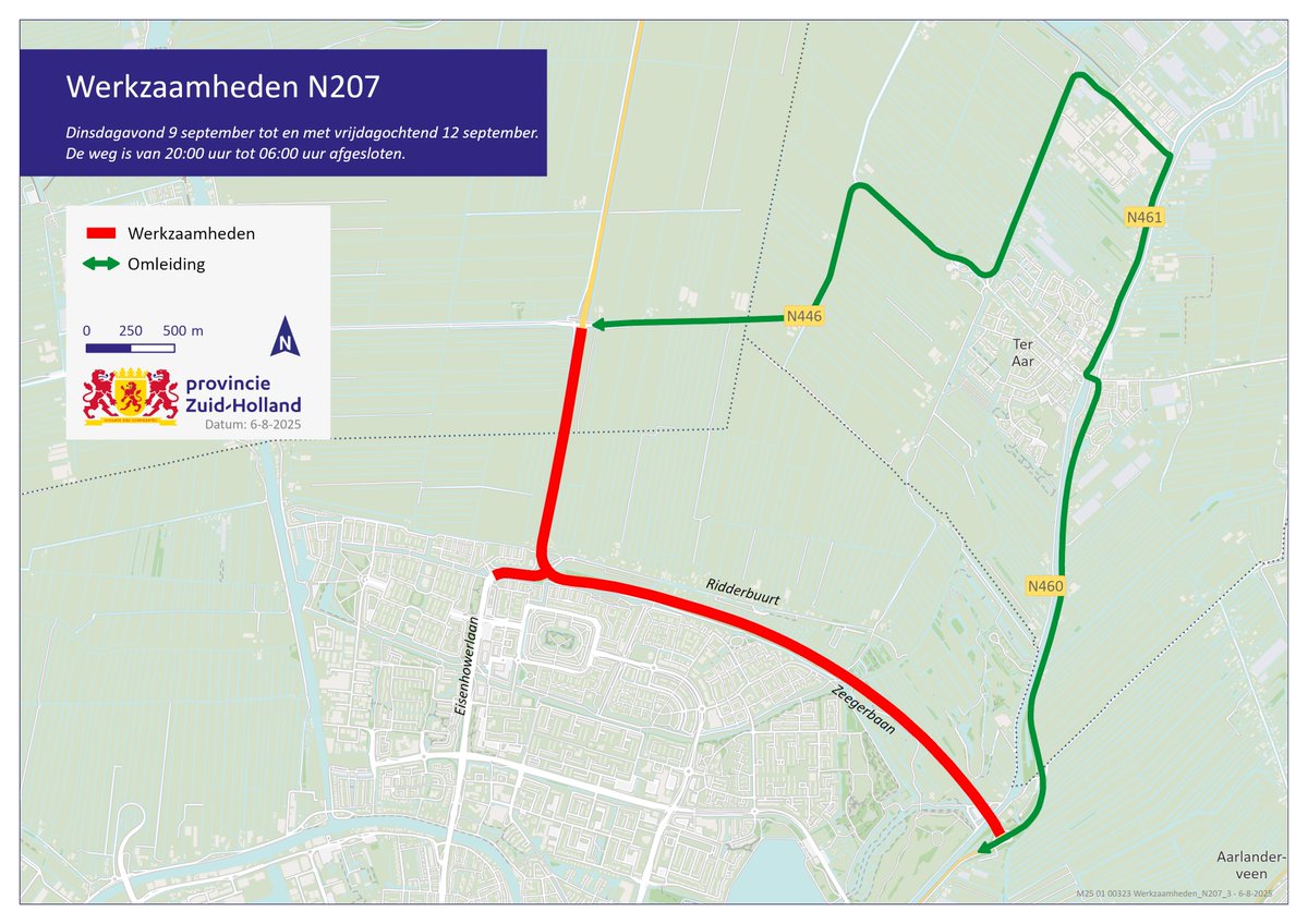 Werkzaamheden #N207 aan het kruispunt Zeegerbaan – Eisenhowerlaan in #AlphenaandenRijn van 9 t/m 12 september tussen 20:00 en 06:00 uur. Hierdoor is de weg 3 nachten afgesloten voor het verkeer. Volg omleidingen en houd rekening met extra reistijd. Overdag is de weg bereikbaar.