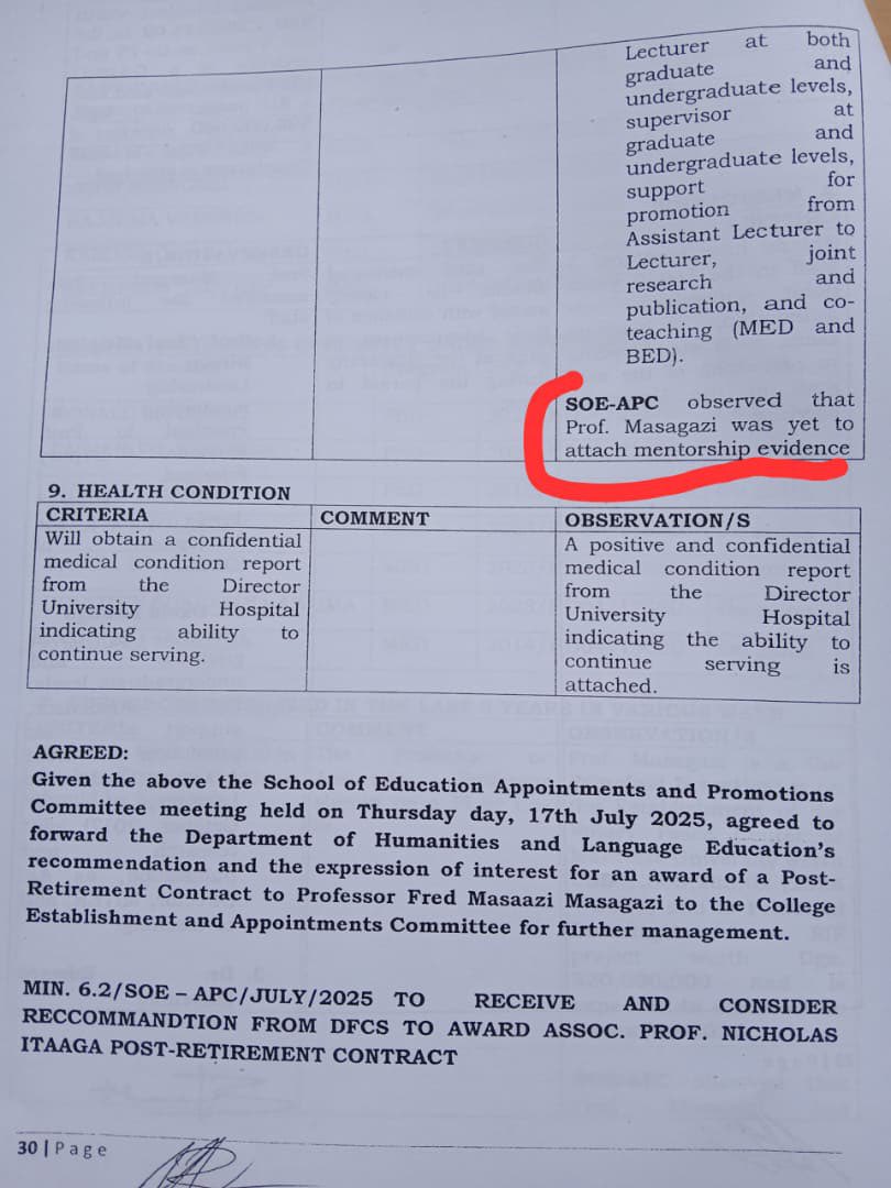 The chairperson of the expired Search committee Prof. Fred Masagazi which has processed the sole candidate (Sarah Ssali) for the position, applied for a post retirement contract. The sole applicant is in turn the chairperson of the sub-committee of the appointments board