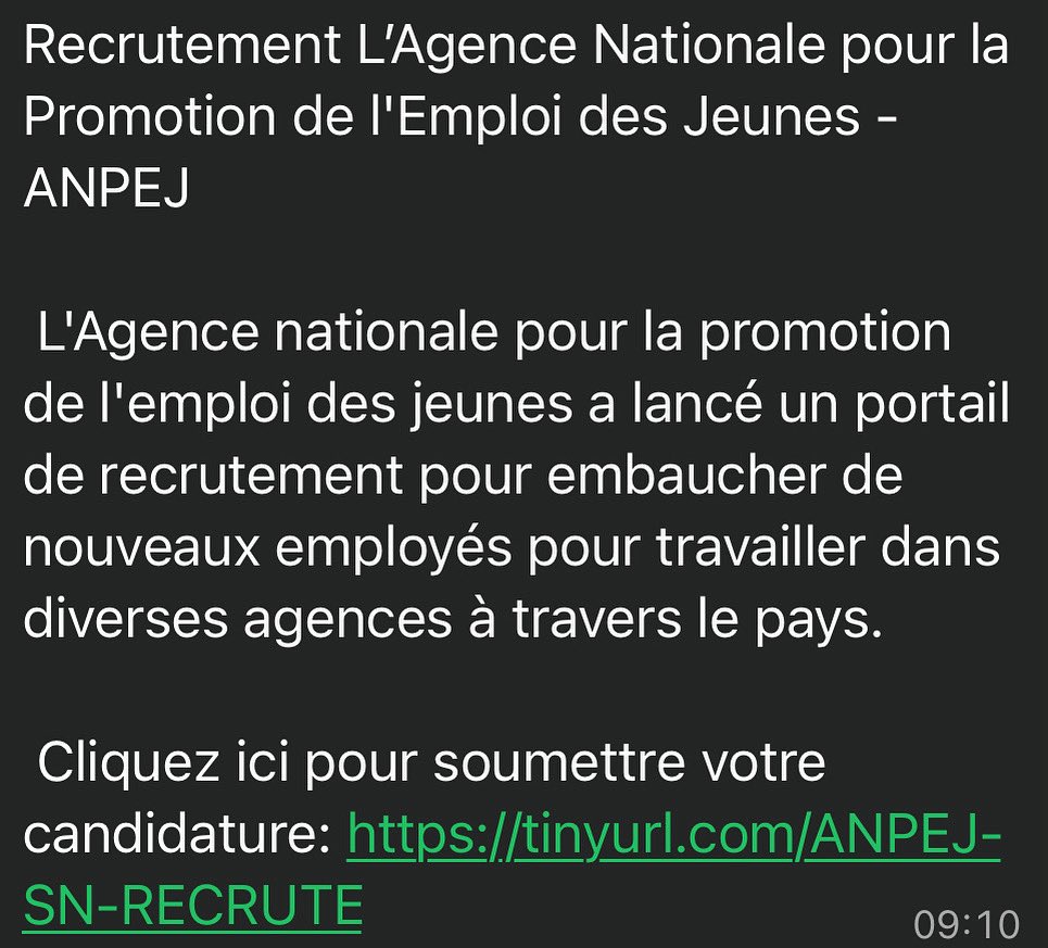 🚨🚨🚨🚨
Il est porté à la connaissance de tous les usagers de nos plateformes que des individus malintentionnés diffusent actuellement un faux lien d’inscription pour un prétendu recrutement au nom de l’ANPEJ.
#ANPEJ #formation #insertion #ministredelajeunesse #sinnagaye