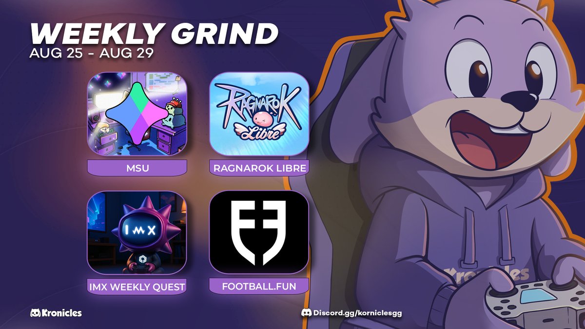Kronicles (@kroniclesgg) on Twitter photo This week on Kronicles, we're grinding:
- <a href="/MaplestoryU/">MapleStory Universe</a>
- <a href="/RagnarokLibre/">Ragnarok Libre</a>
- <a href="/Immutable/">Immutable</a> Weekly Quest
- <a href="/footballdotfun/">Football.Fun</a>
Ready to grind? Join us! This week on Kronicles, we're grinding:
- <a href="/MaplestoryU/">MapleStory Universe</a>
- <a href="/RagnarokLibre/">Ragnarok Libre</a>
- <a href="/Immutable/">Immutable</a> Weekly Quest
- <a href="/footballdotfun/">Football.Fun</a>
Ready to grind? Join us!