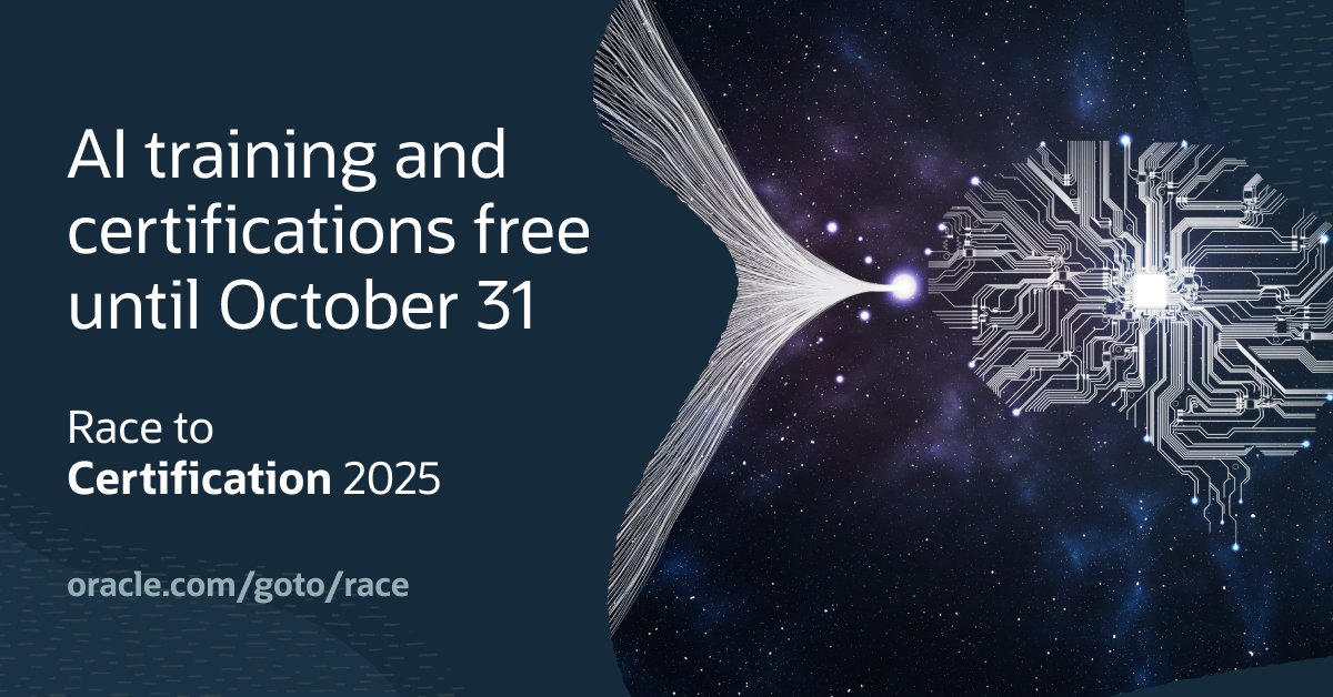 Oracle_Edu's tweet image. AI is innovating at an exponential rate, propelled by advancements in model capabilities, increased investment, and rapid adoption across industries. Learn how to design, build, and deploy AI solutions using the Oracle AI Stack. Oracle’s Race to Certification 2025 offers digital…