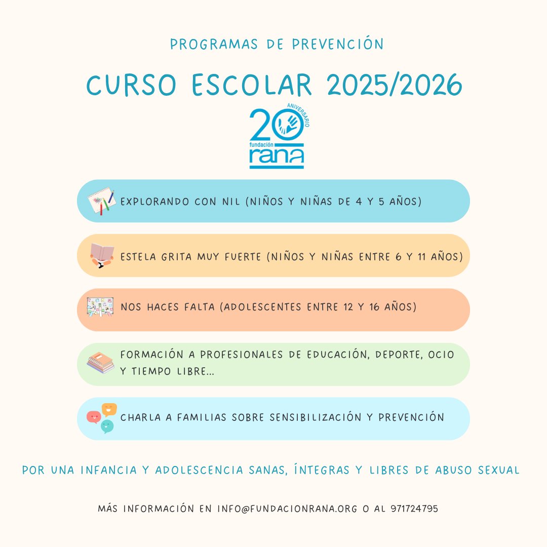 📚🍎 Este curso escolar, renovamos nuestro compromiso con la protección de la infancia y la adolescencia frente al abuso sexual.

Porque educar también es cuidar.

#yosoyrana #ni1abusoinfantilmas