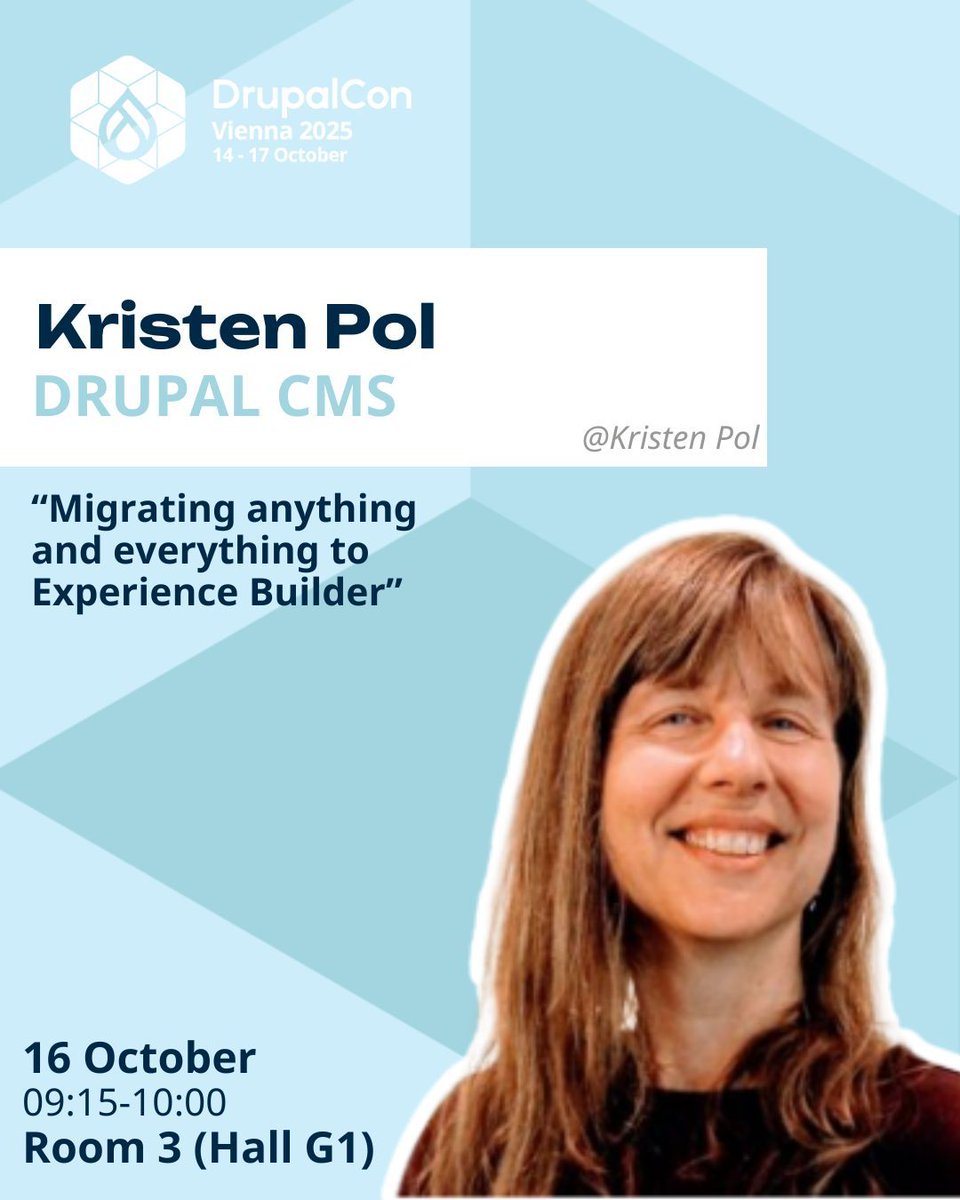DrupalConEur's tweet image. ✨Meet Kristen Pol, featured speaker of the Drupal CMS track, on 16 October at #DrupalConVienna!
She’ll be presenting “Migrating Anything and Everything to Experience Builder” - a session you won’t want to miss. 🚀
👉 buff.ly/Ejt4Wqq 
#DrupalCMS 
@kristen_pol