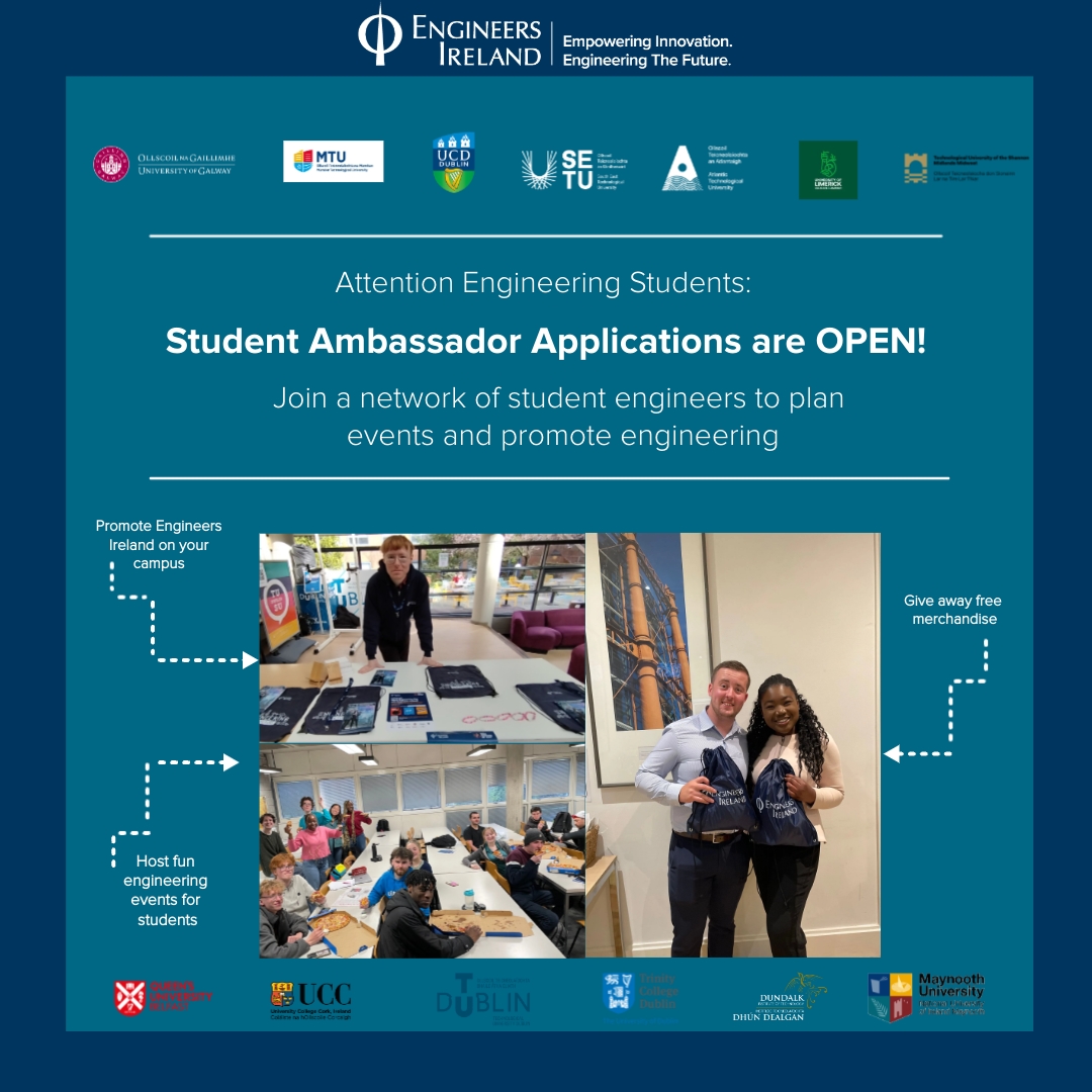 EngineerIreland's tweet image. We are looking for Student Ambassadors from colleges across Ireland!  

Applications close on Sun, 31 August. 

Apply here: forms.office.com/Pages/Response… 

#EngineersIreland #StudentAmbassadors #EngineeringStudents #StudentEngineers