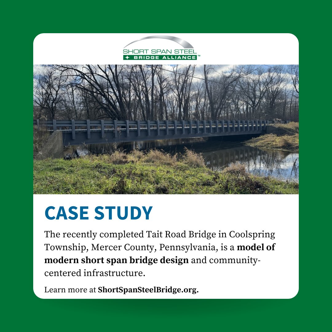 ShortSpanSteel's tweet image. The recently completed Tait Road Bridge in Coolspring Township, Mercer County, Pennsylvania, is a model of modern short span bridge design and community-centered infrastructure. ow.ly/MZ4E50WJ6vk
