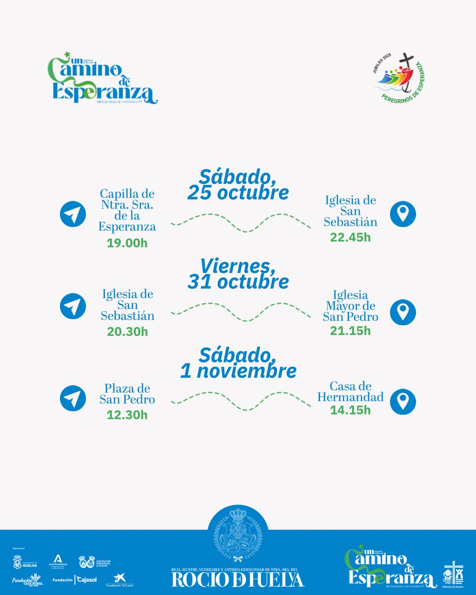 🔵⚪️ MISIÓN JUBILAR “UN CAMINO DE ESPERANZA” | Traslados y fechas ⛪️

#RociodeHuelva #RociodeHuelva25 #MisionJubilar #UnCaminodeEsperanza 

Organizan: Hdad. Rocio de Huelva y <a href="/DiocesisHuelva/">Diócesis de Huelva</a> 
Patrocinan: <a href="/AytoHuelva/">Ayuntamiento Huelva</a> <a href="/TurismoAND/">Consejería de Turismo y Andalucía Exterior</a> <a href="/DipuHU/">Diputación de Huelva</a> <a href="/FundlaCaixa/">Fundación ”la Caixa”</a> <a href="/Cajasol/">Fundación Cajasol</a> #FundacionCrSur