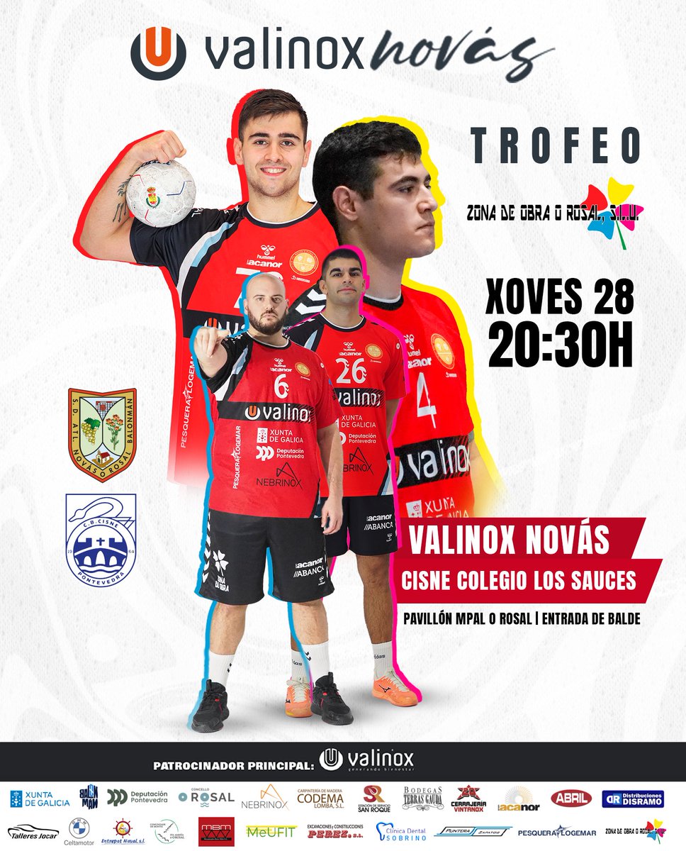🏆 Trofeo Zona de Obra O Rosal 🏗️
Seguimos construíndo para chegar nas mellores condicións ao inicio da tempada 🐗

📅 Xoves 28 🕣 20:30h
🤾🏻‍♂️ Valinox Novás 🆚 Cisne Colegio Los Sauces
📍 P. M. O Rosal
🎟 Entrada de balde

💥 Balonmán, ilusión e vermello nas bancadas. Non faltes 🙌🏻