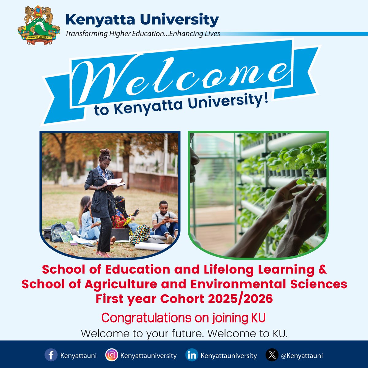 KenyattaUni's tweet photo. ๐ Welcome, First Years! ๐
Today, we officially welcome our newest students joining the School of Education & Lifelong Learning and the School of Agriculture and Environmental Sciences. ๐ฉ๐พ๐๐จ๐พ๐
#WelcomeToKU #KUFirstYears #Engineering #Architecture #Nutrition https://t.co/qvYPcnxe4v