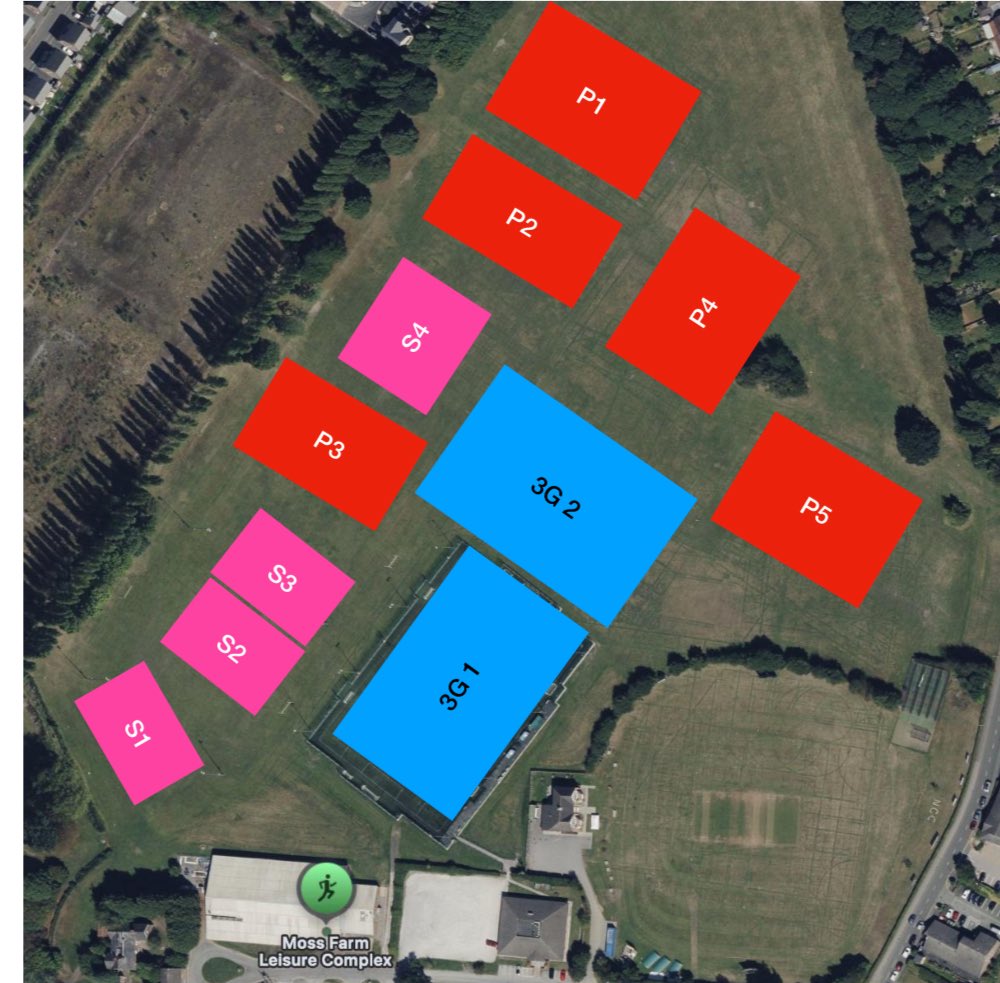 Moss Farm - we have re-numbered the grass pitches and we will be using both 3G’s (note 3G’s have signs on them re each pitch)