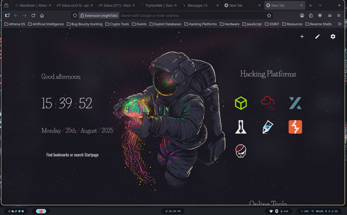 0xChicken65's tweet image. It took me so long so set this up:
- Athena OS(Comes in 3 flavours: Arch,Nix and Fedora Based)
- I did the Arch Based
- Hyde Dot&apos;s Setup
- Athena OS (Distribution with Black Arch Mirrors , For Pentesters, Hackers and more)
#hyperland #archlinux #athenaos