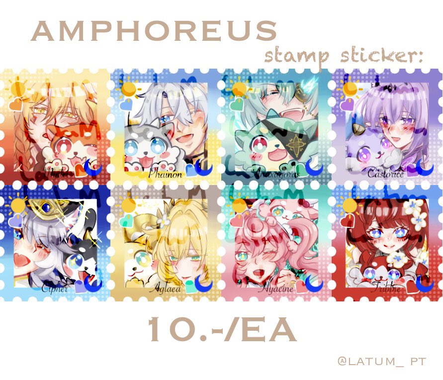 [pls RT]  

☀️Amphoreus stamp stickers ☀️
สติ๊กเกอร์ 4*4 เคลือบด้าน 

รอบไปร ส่ง29/08เป็นต้นไป 💕
Ems. +35บาท

ขอบคุณสำหรับพื้นที่ค่า 🥺✨
#ตลาดนัดรางดาว #HonkaiStarRail #LatuM