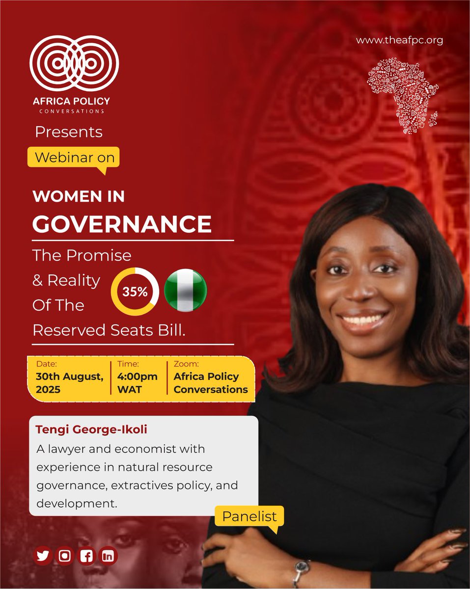 LetsTalkPolicy_'s tweet image. Tengi George-Ikoli will share her expertise on how civic participation, advocacy, and accountability can bring the 35% Reserved Seats Bill to life and make representation a reality, not just a promise.
Save your spot: forms.gle/zY7o7Ahdxg9WXt…
#AFPC #35%reservedseatsbil