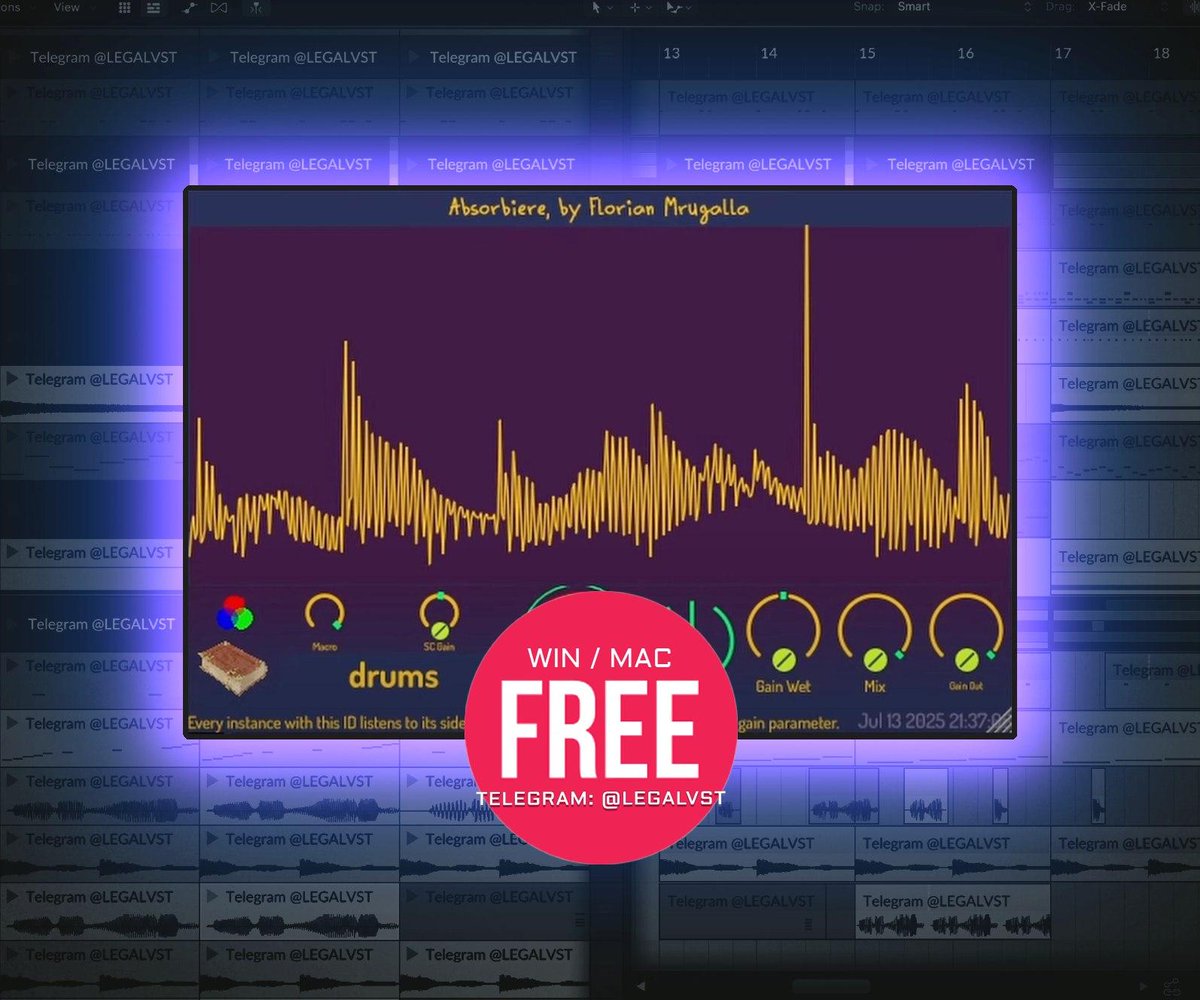 LEGAL_VST's tweet photo. Absorbiere by Florian Mrugalla — FREE sidechain ringmod 🔄🎛️
Streamlined ducking w/ auto-gain “Capture” &amp; synced instance controls

Windows &amp; macOS (VST3)
🔗 https://t.co/IjigPnt3px  

#sidechain #mixingtools #freeplugin
More freeware 👉 https://t.co/okUqkdbah2 https://t.co/eWTUyiYzHm