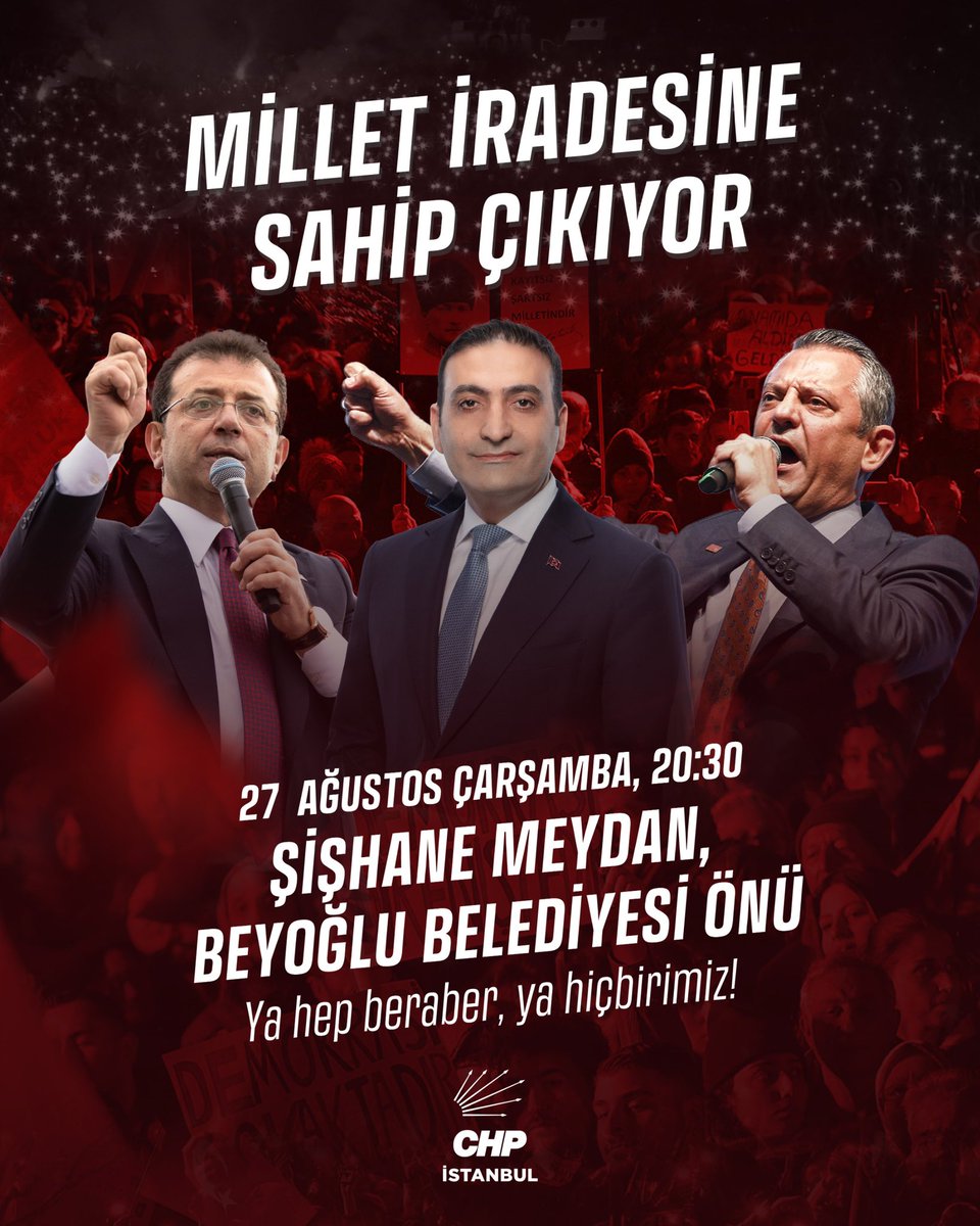 Zalime karşı millet, zulme karşı adalet kazanacak!

Cumhurbaşkanı Adayımız Ekrem İmamoğlu, Beyoğlu Belediye Başkanımız İnan Güney ve tüm yol arkadaşlarımıza özgürlük için buluşuyoruz.

Millet iradesine sahip çıkmak için Genel Başkanımız Özgür Özel'in öncülüğünde Beyoğlu'ndayız.