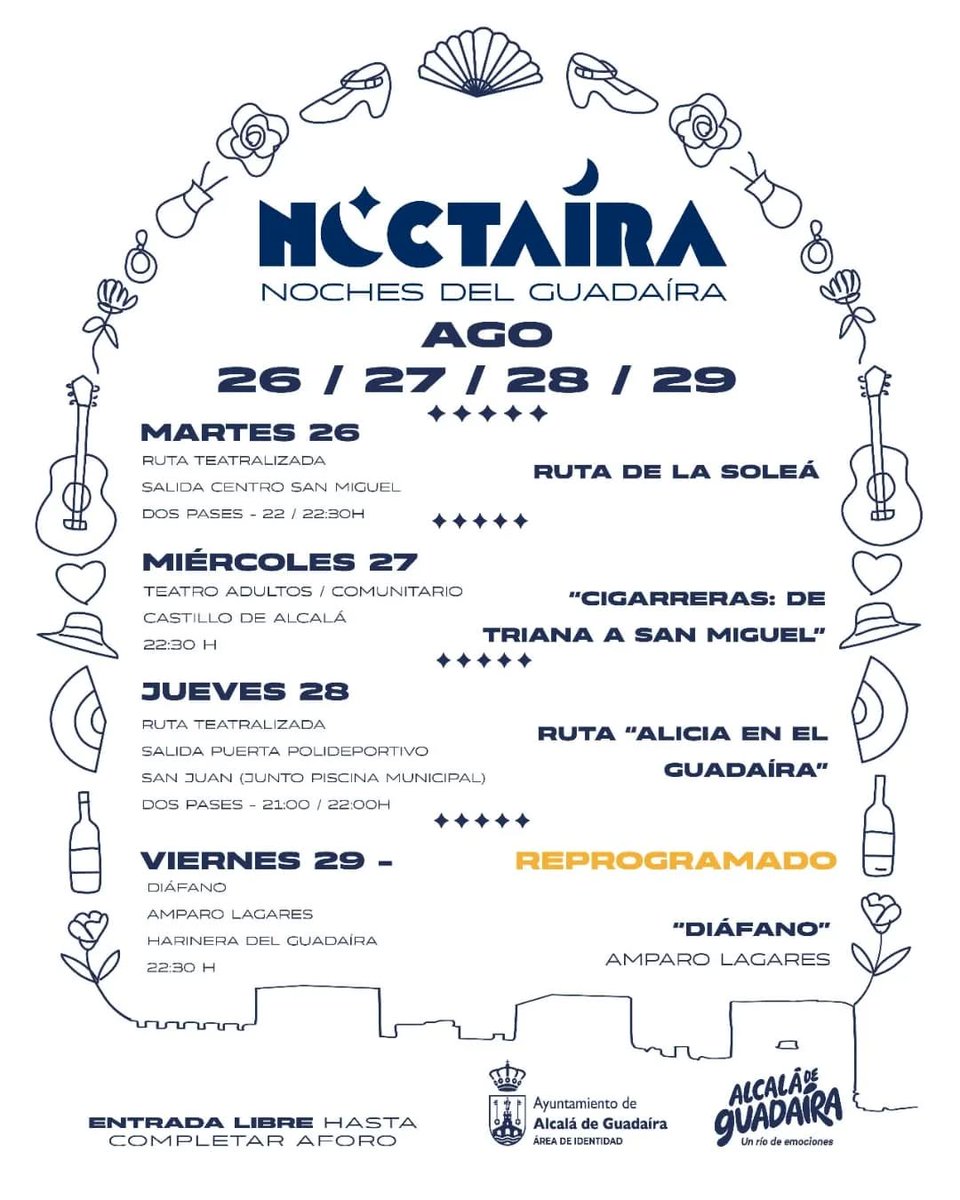Hoy viviremos el último pase de la ruta teatralizada 'Alicia en el Guadaíra'. Pero os recordamos, que la programación de Noctaíra esta semana se extiende hasta el viernes. Y aún nos queda la Noche de San Miguel, el 6 de septiembre.

+ Info.:
radioguadaira.org/agenda/ultima-…

<a href="/aytoguadaira/">Alcalá de Guadaíra</a>